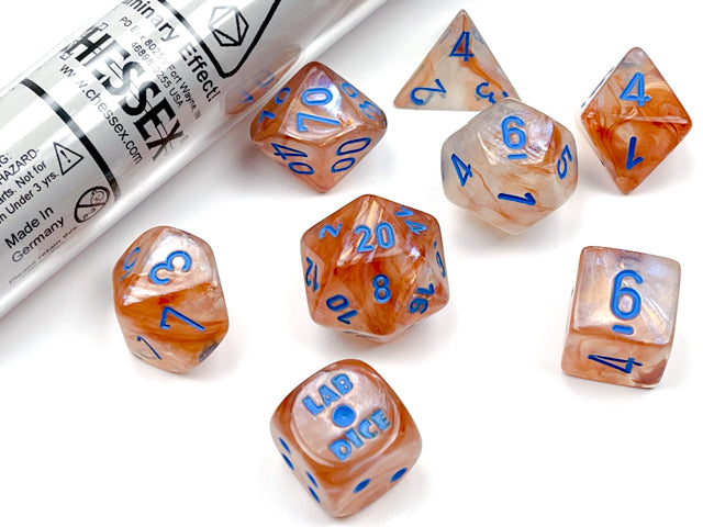 Lab Dice 5: Borealis: 7Pc Polyhedral Rose Gold / Light blue Luminary | Boutique FDB