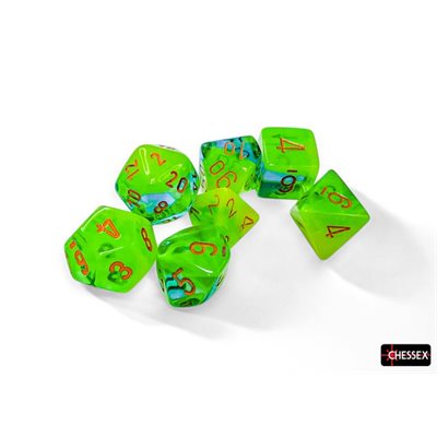 Chessex Dice: 7 pc: Gemini: Plasma Green-Teal / Orange Luminary | Boutique FDB