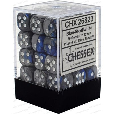 Dice: 36x D6: 12 mm: Gemini: Blue-Steel / White | Boutique FDB