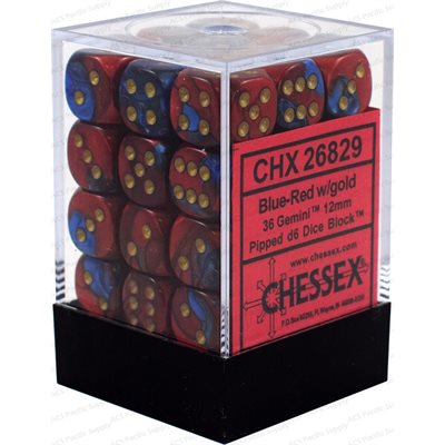 Dice: 36x D6: 12 mm: Gemini: Blue-Red / Gold | Boutique FDB