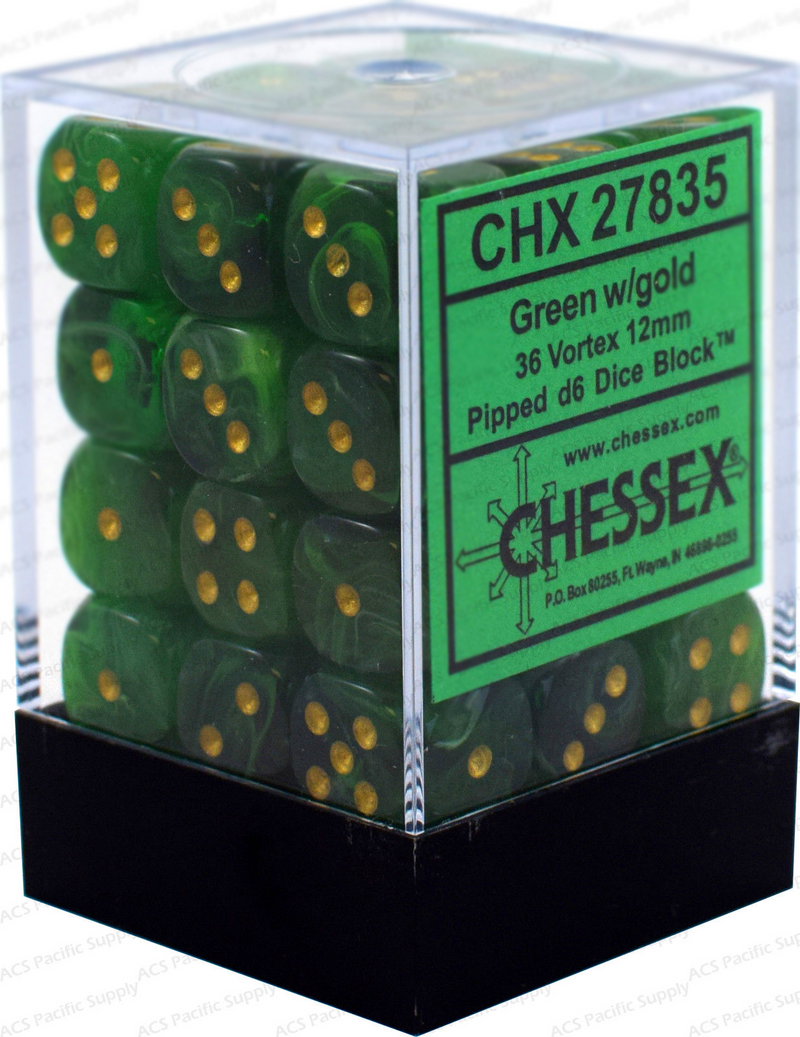 Chessex Ghostly Vortex: 36D6 Bright Green / Gold | Boutique FDB