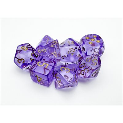 Lab Dice 7: Translucent: 7pc Lavender / gold (with bonus die) | Boutique FDB