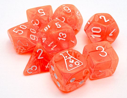 Lab Dice 7: Translucent: 7pc Neon Orange / White (with bonus die) | Boutique FDB