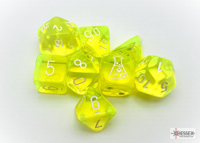 Lab Dice 7: Translucent: 7pc Neon Yellow / White (with bonus die) | Boutique FDB