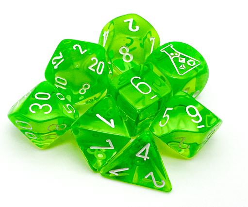 Lab Dice 7: Translucent: 7pc Rad Green / White (with bonus die) | Boutique FDB