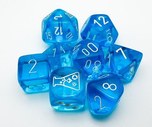 Lab Dice 7: Translucent: 7pc Tropical Blue / White (with bonus die) | Boutique FDB