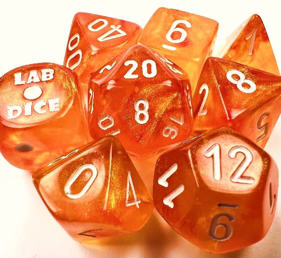 Lab Dice 6: Borealis: 7Pc Polyhedral Blood Orange / white Luminary (w / bonus die) | Boutique FDB