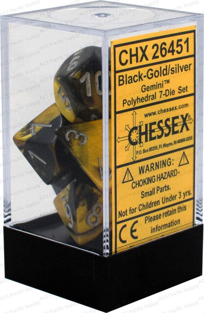 Chessex CHX26451 Dice - Gemini: 7Pc Black/Gold/Silver | Boutique FDB