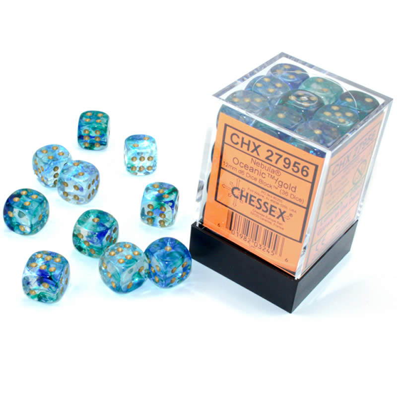 CHX27956 Oceanic Nebula Luminary Dice Gold Pips D6 12mm (1/2in) Pack of 36 | Boutique FDB
