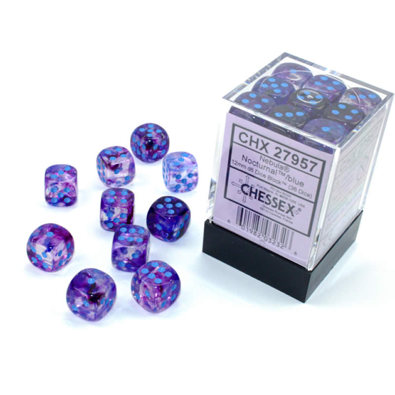 CHX27957 Nocturnal Nebula Luminary Dice Blue Pips D6 12mm (1/2in) Pack of 36 | Boutique FDB