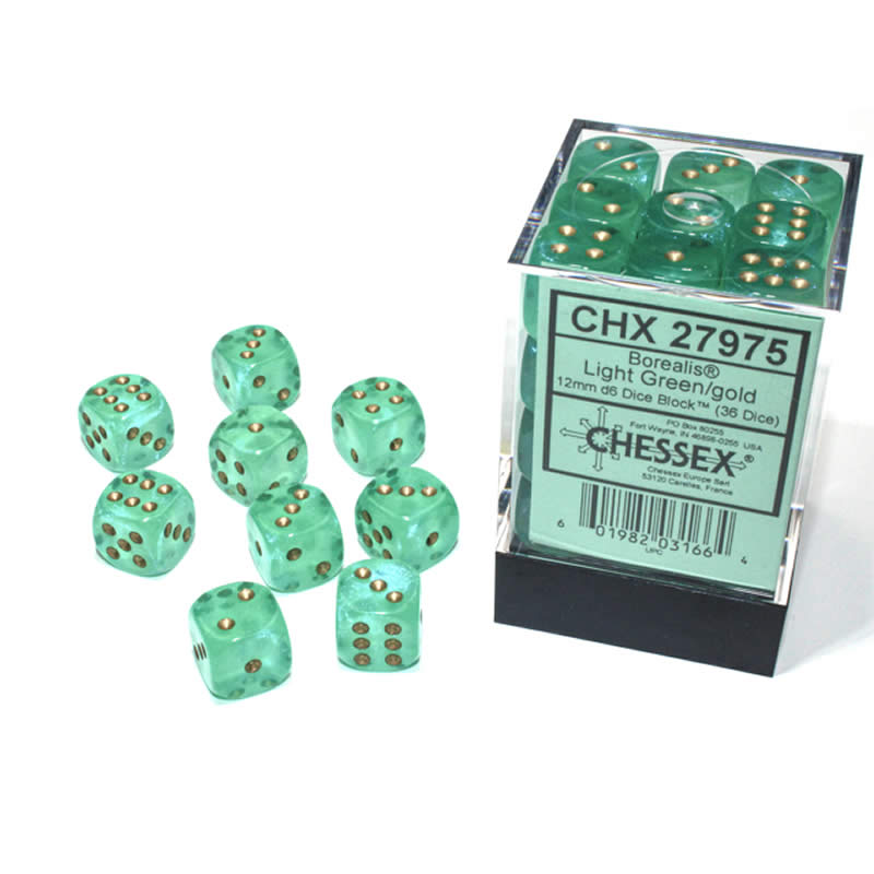 CHX27975 Light Green Borealis Dice Luminary Gold Pips D6 12mm (1/2in) Pack of 36 | Boutique FDB