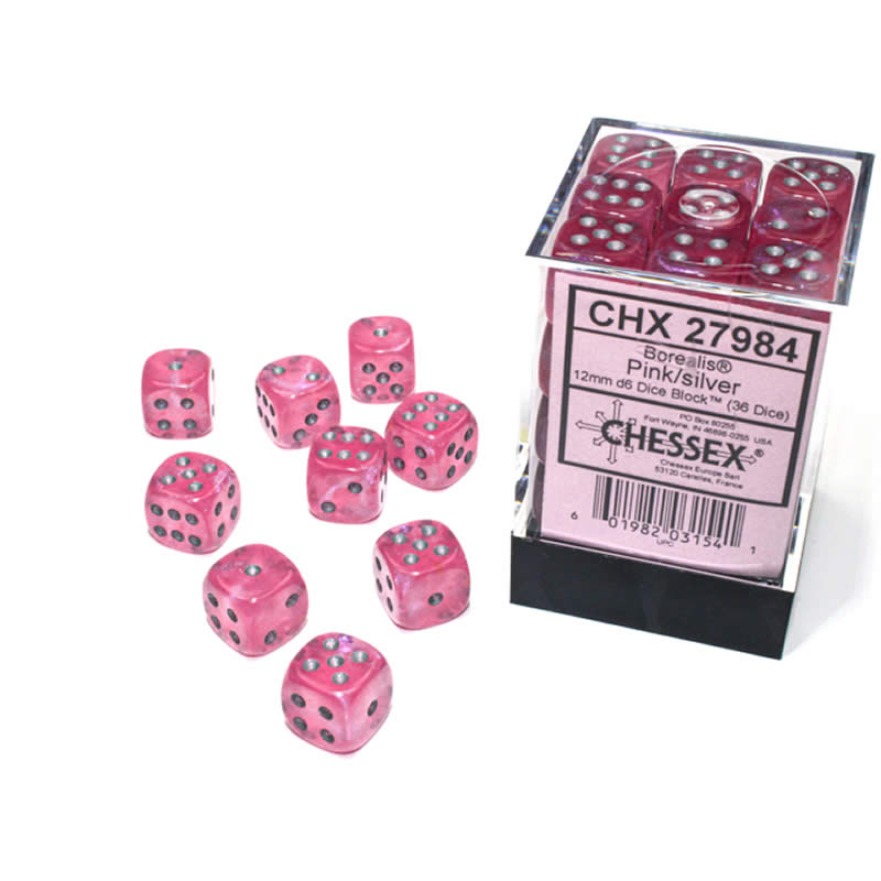 CHX27984 Pink Borealis Dice Luminary Silver Pips D6 12mm (1/2in) Pack of 36 | Boutique FDB