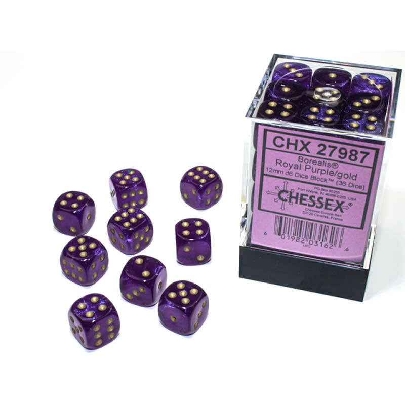 CHX27987 Royal Purple Borealis Dice Luminary with Gold Pips D6 12mm (1/2in) Pack of 36 Chessex | Boutique FDB