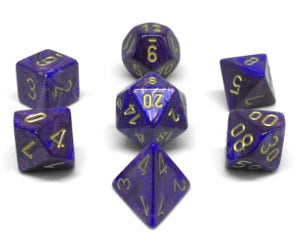 Ensemble de 7 dés polyédriques Lustrous violets avec chiffres dorés | Boutique FDB