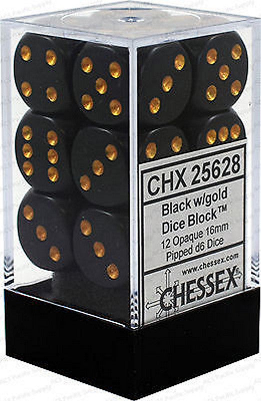 Chessex Opaque: 12D6 Black / Gold | Boutique FDB