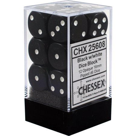 Chessex Opaque: 12D6 Black / White | Boutique FDB